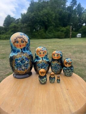 Set of 7- Hand Painted Blue Floral Russian Nesting Dolls - Matryoshka 7” tall